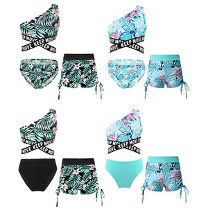 Girls Swimwear Cropped Swimsuit Printed Set Criss Cross Briefs Beach Tops Pool - Picture 1 of 38
