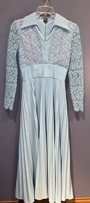 Small 1960 Long Party Dress, Needlework Lace, Blue Lined, Pleated Skirt, USA - Image 1 of 4