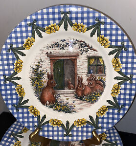 Royal Stafford England Easter Bunny Rabbit Dinner Plates Set of (4)  Gingham Rim