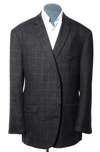52L Long Pronto Uomo Platinum Dark-Gray Plaid Overcheck Wool Sport Coat Blazer - Picture 1 of 9