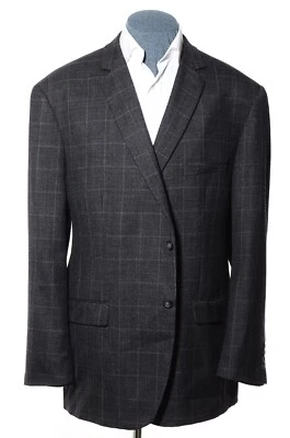 52L Long Pronto Uomo Platinum Dark-Gray Plaid Overcheck Wool Sport Coat Blazer - Image 1 of 4