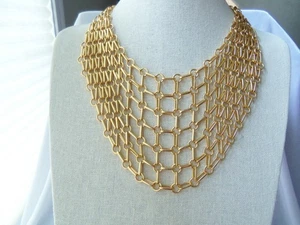 Oval Link Gold Tone Chainmail Bib Necklace - Picture 1 of 7