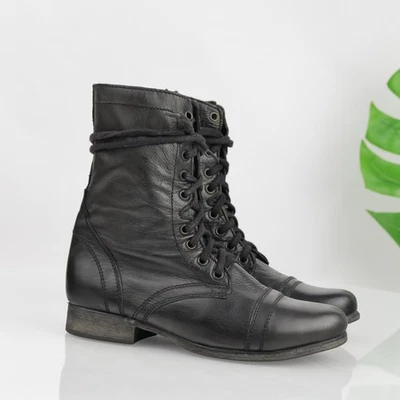 Botas Steve Madden Feminina Tamanho 5 Couro Troopa Preto Combate com Cadarço Zíper Lateral - Imagem 1 de 4