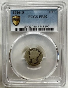 Moneda de diez centavos Mercury 1916-D graduación profesional FR02 fecha clave vista verdadera escudo dorado 10c - Imagen 1 de 5