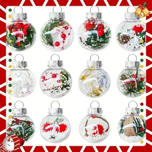 2.36 Inch Clear Christmas Baubles - 12 Pack Built-in Snow Berry Pine Decorations - Picture 1 of 13