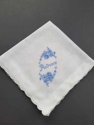 Vintage Ladies Hankie Embroidered Blue Floral With Name Patricia - Image 1 of 4