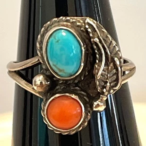 Anillo Nativo Americano Navajo Tribal Plata Turquesa Coral Pluma Hoja Talla 6.25 - Imagen 1 de 11