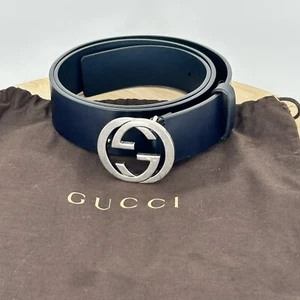 Authentic GUCCI 368186 Interlocking Buckle Black Leather Belt Size 36 L 90cm - Picture 1 of 11