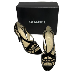 $925 Chanel Black Patent Leather Strappy Pump size 10 / eu 40 - Picture 1 of 14
