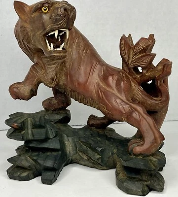 Antique 19th Century Hand Carved Rosewood Chinese Tiger Sculpture W/ Glass Eyes - Image 1 of 4