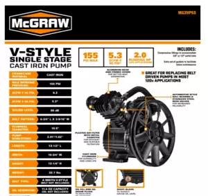 MCGRAW 2 HP 155 PSI V-Style Single Stage Cast Iron Air Compressor Pump - Picture 1 of 3