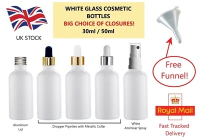 AVALON COSMETIC PACKAGING WHITE Glass Dropper Bottles Choose Lid PIPETTE PUMP SPRAY ATOMISER + FREE FUNNEL