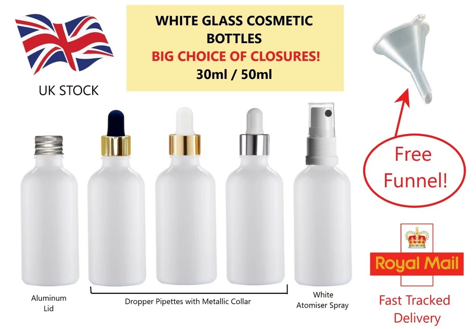 AVALON COSMETIC PACKAGING WHITE Glass Dropper Bottles Choose Lid PIPETTE PUMP SPRAY ATOMISER + FREE FUNNEL