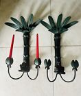2 Rare Vintage Hand Painted Cast Iron Palm Tree Monkey Wall Candle Sconces Set