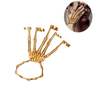 Pulseira de mão feminina de metal motociclista roqueiro esqueleto crânio ossos escravo pulseira anel - Imagem 1 de 4