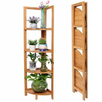 Libreria Scaffale Angolare Pieghevole 4 Ripiani Legno Bambu Mobile Angoliera - Immagine 1 di 4