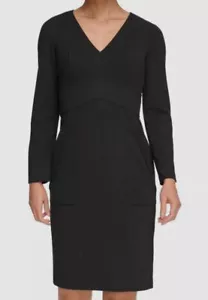 Dkny Women's Black V-Neck Long Sleeve Sheath Dress Size 16 - Picture 1 of 2