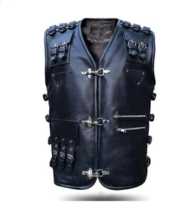 Mens Real Black Leather Heavy Duty Studded Buckled Biker Vest - Picture 1 of 6