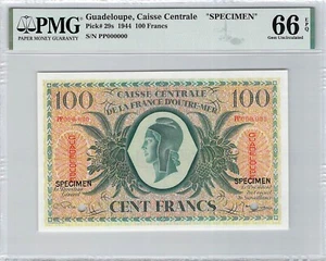 GUADALUPE - 100 FRANCOS - SPÉCIMEN - ND(2.2.1944) - PICK29s - PMG66 - ¡TOP POP!! - Imagen 1 de 2
