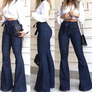 Womens Flared Denim Jeans Ladies Belted High Waisted Trousers Pants Bell Bottoms - Picture 1 of 9