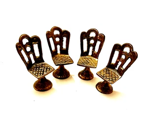 4 Dollhouse Miniature Chairs Gold Tone Etched Checkered Seat 2" Vintage Metal - Picture 1 of 9