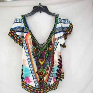 Flying Tomato Boho Cropped Blouse V-Neck Cap Sleeve Tahiti Design Size M - Picture 1 of 8