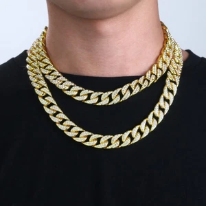 Men's 14MM Gold Plated Heavy Iced CZ Out Miami Cuban Link Bracelet Chain Set - Picture 1 of 12