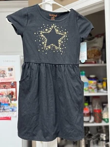 NWT Little Girls Cat & Jack Black Gold Star Pullover Dress Sz 6 6x w/free ship! - Picture 1 of 12