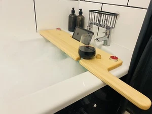 Wooden Bath Caddy Bathtub Board Shelf Wine Glass, Candle, Tablet Holder, Towel - Picture 1 of 3