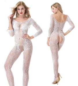 Damen-Dessous Nachtwäsche weiß offener Schritt Netz Braut Body Stocking Bodysuit - Bild 1 von 4