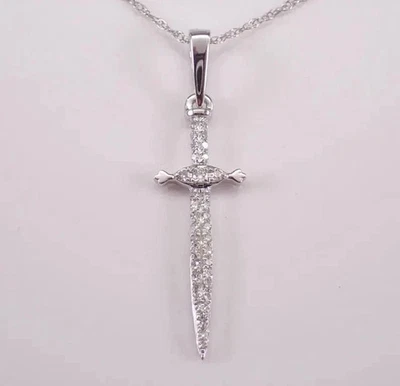 Real Moissanite 1.50Ct Round Cut Dagger Pendant 14K White Gold Plated Silver - Image 1 of 4