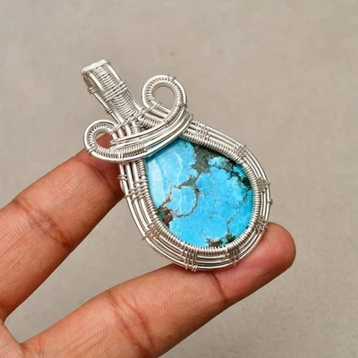 Ciondolo gioiello fatto a mano in argento sterling 925 con pietra turchese ti... - Immagine 1 di 4
