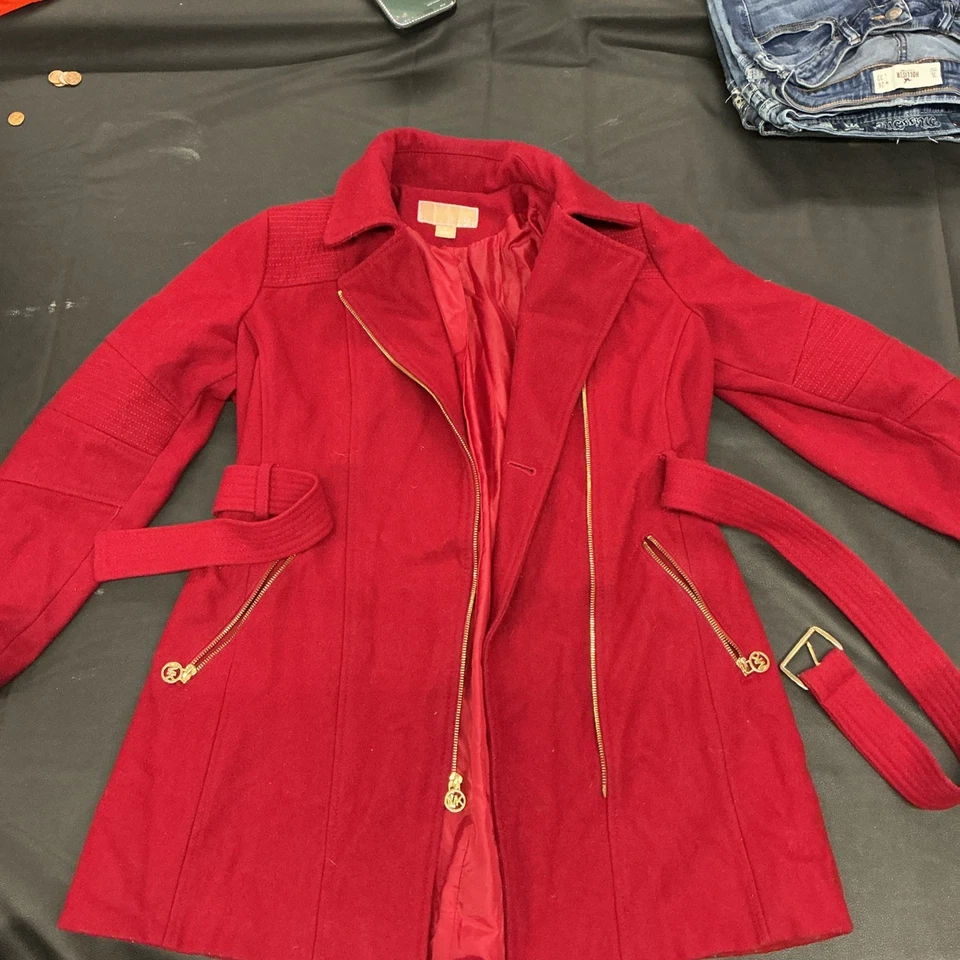 Michael Kors Trench Coat Womens M Red Fleece Belt Waist Notch Lapel Clipside Zip - Image 1 of 4