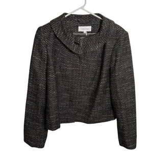 Calvin Klein Women’s Size 14 Tweed Blazer Black Silver Metallic Hidden Buttons - Picture 1 of 10