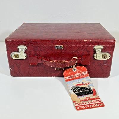 Vintage Faux Snakeskin Shortrip Train Case Vanity w/ 1963 US Lines 1st Class Tag - Image 1 of 4