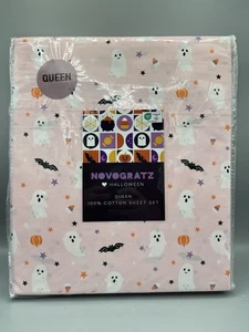 Novogratz Halloween Rosa Geist Fledermäuse Kürbisse Queen Size Laken Set 100% Baumwolle - Bild 1 von 5