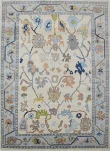 Hand Knotted Oushak Rug Modern Transitional Pastel Floral Beige Blue Wool Carpet - Picture 1 of 9