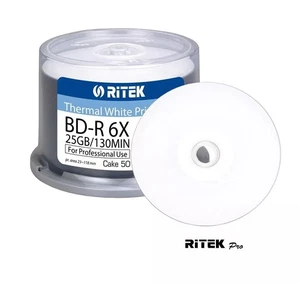 50 RITEK PRO Thermal white Printable Blank BDR BD-R discs Blu Ray 6x 25GB 130M - Picture 1 of 2