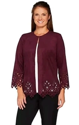 Bob Mackie Burgundy Faux Suede Open Front Cardigan/ Jacket Laser Cut Detail XS/S - Image 1 of 4