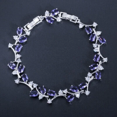 Dainty Silver Plated Cubic Zirconia Leaf Wedding Tennis Bracelet for Women Bride - Image 1 of 4