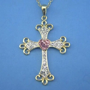 N316 Oro Sobre Plata de Ley Rosa/Claro Cruz Colgante 18" Collar Sólido 925 Nuevo - Imagen 1 de 4