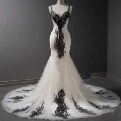Mermaid Gothic Wedding Dresses Spaghetti Straps Black Lace Applique Bridal Gowns - Image 1 of 4