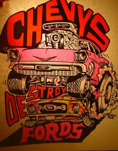 CHEVYS DESTROY FORDS VINTAGE 1970's CLASSIC MUSCLE CAR IRON ON TRANSFER B-10 - Picture 1 of 2