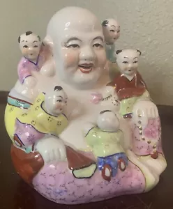 VTG Chinese Porcelain Happy Laughing Buddha Figure 5 Kids Fertility Luck Yellow - Picture 1 of 10