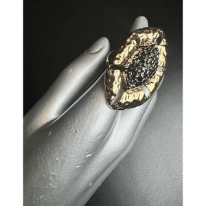 Anello dichiarazione regolabile artigianale ottone martellato e cristalli neri unico boh - Foto 1 di 5