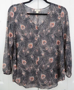 Ann Taylor Loft Outlet Pfauenfeder Print Bluse - V-Ausschnitt halbtransparent grau - L - Bild 1 von 6