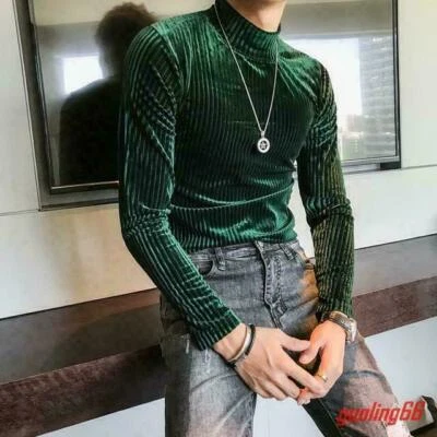 2024 Men's Velvet Long Sleeve Slim Fit Casual Nightclub Base Shirt Tops Pullover - Image 1 of 4