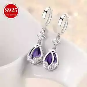 925 Sterling Silver Purple CZ Flower Teardrop Hoop Drop Earrings in Gift Box - Picture 1 of 4