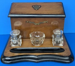ANTIQUE-WALNUT-INKWELL-GLASS INKWELLS & JAR-DESK SET-STATIONARY HOLDER-ENGLAND - Picture 1 of 20
