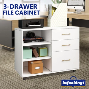 File Cabinet Office Filing Storage 3 Drawers Document Organiser Open Shelves - Picture 1 of 8